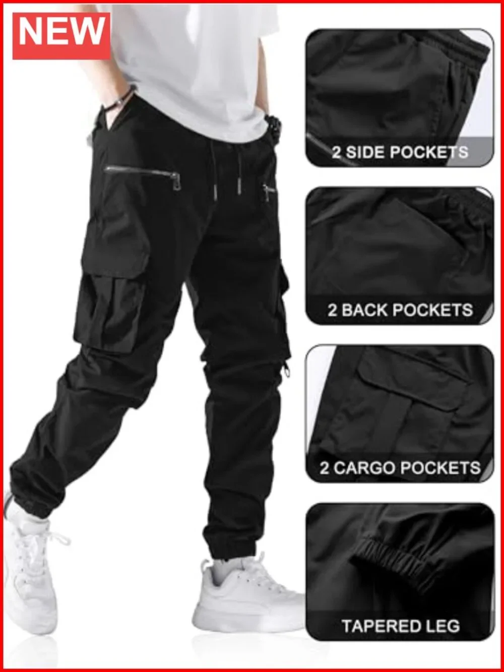 Men's Casual Cargo Pants Elastic Waist Drawstring Joggers Multi Pockets